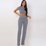 2 Two Piece Set Women Ribbed O Neck Crop Top and Long Pants Set Sexy Autumn Short Sleeve Tracksuit Women Conjunto Feminino 2021