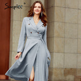 Simplee Casual suit collar autumn women dress Long sleeve office lady asymmetrical long dress Slim with belt A-line female dress