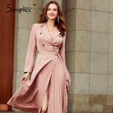 Simplee Casual suit collar autumn women dress Long sleeve office lady asymmetrical long dress Slim with belt A-line female dress