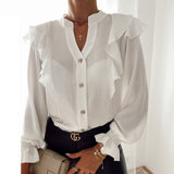 Elegant Print Ruffle Buttons Shirt Blouse Women O Neck Pullover Tops Blusa Spring Autumn Long Sleeve Polka Dot Blouse Streetwear