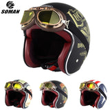 SOMAN Retro Helmet Motorcycle Open Face Helmet Leather Scooter Helmets Classic 3/4 Chopper Casco Moto Vintage Motorcycle Helmets