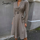 Simplee Vintage pleated belt plaid dress women Elegant office ladies blazer dresses Long sleeve female autumn midi party dress