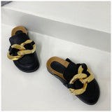 SUOJIALUN  New Brand Design Gold Chain Women Slipper Closed Toe Slip On Mules Shoes Round Toe Low Heels Casual Slides Flip Flop