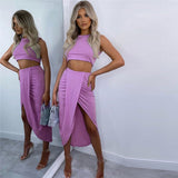 NewAsia Summer Women Crop Top Long Skirts Two Piece Set White Party Club Wear Sexy Split Skirts Sets Casual Clothing 2020 New