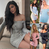 2020 Autumn Sexy Slim Dress Women Solid Color Off Shoulder Long Sleeve Sexy Slash Neck Bodycon Dresses Mini Party Dress Vestidos