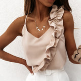 Muyogrt Women Summer Blouse Shirts Sexy V Neck Ruffle Blouses Backless Spaghetti Strap Office Ladies Sleeveless Casual Tops
