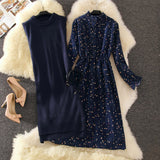 Fashion Knitted Women Sets Long Solid Slim Sweaters And Belt Floral Ruffles Dresses Office Lady clothing Suits Top Quality