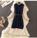 Fashion Knitted Women Sets Long Solid Slim Sweaters And Belt Floral Ruffles Dresses Office Lady clothing Suits Top Quality