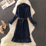 Fashion Knitted Women Sets Long Solid Slim Sweaters And Belt Floral Ruffles Dresses Office Lady clothing Suits Top Quality