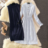 Fashion Knitted Women Sets Long Solid Slim Sweaters And Belt Floral Ruffles Dresses Office Lady clothing Suits Top Quality