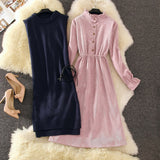 Fashion Knitted Women Sets Long Solid Slim Sweaters And Belt Floral Ruffles Dresses Office Lady clothing Suits Top Quality