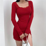 Rockmore Split Lace Sexy Mini Dress Women Transparent Long Sleeve Bodycon Square Collar Above Knee Dresses Party Dress Vedtidos