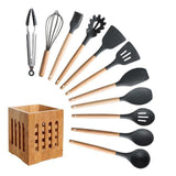 Silicone Cooking Utensils Set Non-Stick Spatula Shovel Wooden Handle Cooking Tools Set With Storage Box Kitchen Tool Accessories - shopwishi 