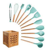 Silicone Cooking Utensils Set Non-Stick Spatula Shovel Wooden Handle Cooking Tools Set With Storage Box Kitchen Tool Accessories - shopwishi 