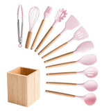 Silicone Cooking Utensils Set Non-Stick Spatula Shovel Wooden Handle Cooking Tools Set With Storage Box Kitchen Tool Accessories - shopwishi 
