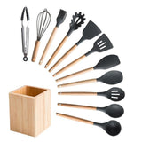 Silicone Cooking Utensils Set Non-Stick Spatula Shovel Wooden Handle Cooking Tools Set With Storage Box Kitchen Tool Accessories - shopwishi 