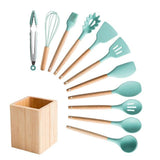 Silicone Cooking Utensils Set Non-Stick Spatula Shovel Wooden Handle Cooking Tools Set With Storage Box Kitchen Tool Accessories - shopwishi 