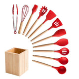 Silicone Cooking Utensils Set Non-Stick Spatula Shovel Wooden Handle Cooking Tools Set With Storage Box Kitchen Tool Accessories - shopwishi 