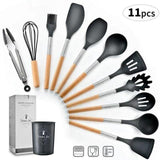 Silicone Cooking Utensils Set Non-Stick Spatula Shovel Wooden Handle Cooking Tools Set With Storage Box Kitchen Tool Accessories - shopwishi 