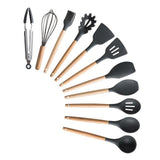Silicone Cooking Utensils Set Non-Stick Spatula Shovel Wooden Handle Cooking Tools Set With Storage Box Kitchen Tool Accessories - shopwishi 
