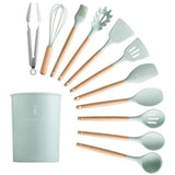 Silicone Cooking Utensils Set Non-Stick Spatula Shovel Wooden Handle Cooking Tools Set With Storage Box Kitchen Tool Accessories - shopwishi 