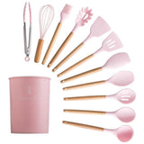 Silicone Cooking Utensils Set Non-Stick Spatula Shovel Wooden Handle Cooking Tools Set With Storage Box Kitchen Tool Accessories - shopwishi 