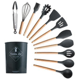 Silicone Cooking Utensils Set Non-Stick Spatula Shovel Wooden Handle Cooking Tools Set With Storage Box Kitchen Tool Accessories - shopwishi 