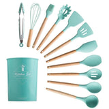 Silicone Cooking Utensils Set Non-Stick Spatula Shovel Wooden Handle Cooking Tools Set With Storage Box Kitchen Tool Accessories - shopwishi 