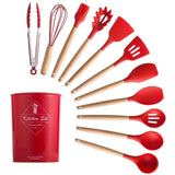 Silicone Cooking Utensils Set Non-Stick Spatula Shovel Wooden Handle Cooking Tools Set With Storage Box Kitchen Tool Accessories - shopwishi 