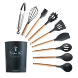 Silicone Cooking Utensils Set Non-Stick Spatula Shovel Wooden Handle Cooking Tools Set With Storage Box Kitchen Tool Accessories - shopwishi 