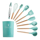 Silicone Cooking Utensils Set Non-Stick Spatula Shovel Wooden Handle Cooking Tools Set With Storage Box Kitchen Tool Accessories - shopwishi 