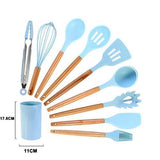 Silicone Cooking Utensils Set Non-Stick Spatula Shovel Wooden Handle Cooking Tools Set With Storage Box Kitchen Tool Accessories - shopwishi 