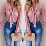 Elegant Long Sleeve V-Neck Chiffon Blouse with Polka Dots for Woman