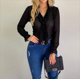 Elegant Long Sleeve V-Neck Chiffon Blouse with Polka Dots for Woman
