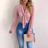 Elegant Long Sleeve V-Neck Chiffon Blouse with Polka Dots for Woman