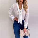 Elegant Long Sleeve V-Neck Chiffon Blouse with Polka Dots for Woman