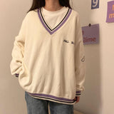 Sweaters Women Ulzzang Letter Chic Vintage V-neck Daily Oversize Preppy Girls Knitwear Fall Casual All-match Ins Womens Sweater