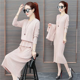 2019 Autumn Winter New Women Cardigan Suspenders Vest Sweater Dress Suit Solid High Quality Long Sleeve Knitted Two Piece Sets
