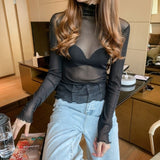 Size M-3XL Girls Mesh Blouses Shirts Tees Female Autumn Transparent Full Sleeve Turtleneck Thin Blouse Tops Undershirts Women