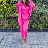 Women Two Piece Classy Suits Batwing Sleeve Turtleneck Top & Skinny Pants Set