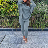 Women Two Piece Classy Suits Batwing Sleeve Turtleneck Top & Skinny Pants Set