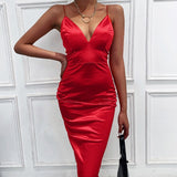 CNYISHE Elegant Satin Dresses for Women Solid Red Black Midi Dress 2020 Fashion Winter V-neck Ladies Christmas Dress Party Night