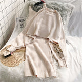 Fashion 2 Piece Set Women Sexy V Neck Slim Fit Bodycon Dress Woman And Solid Color Loose Knit Sweaters 2020 Chic Two Piece Suit