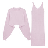 Fashion 2 Piece Set Women Sexy V Neck Slim Fit Bodycon Dress Woman And Solid Color Loose Knit Sweaters 2020 Chic Two Piece Suit