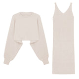 Fashion 2 Piece Set Women Sexy V Neck Slim Fit Bodycon Dress Woman And Solid Color Loose Knit Sweaters 2020 Chic Two Piece Suit