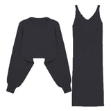 Fashion 2 Piece Set Women Sexy V Neck Slim Fit Bodycon Dress Woman And Solid Color Loose Knit Sweaters 2020 Chic Two Piece Suit