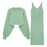 Fashion 2 Piece Set Women Sexy V Neck Slim Fit Bodycon Dress Woman And Solid Color Loose Knit Sweaters 2020 Chic Two Piece Suit