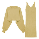Fashion 2 Piece Set Women Sexy V Neck Slim Fit Bodycon Dress Woman And Solid Color Loose Knit Sweaters 2020 Chic Two Piece Suit