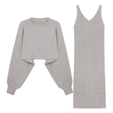 Fashion 2 Piece Set Women Sexy V Neck Slim Fit Bodycon Dress Woman And Solid Color Loose Knit Sweaters 2020 Chic Two Piece Suit