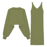 Fashion 2 Piece Set Women Sexy V Neck Slim Fit Bodycon Dress Woman And Solid Color Loose Knit Sweaters 2020 Chic Two Piece Suit